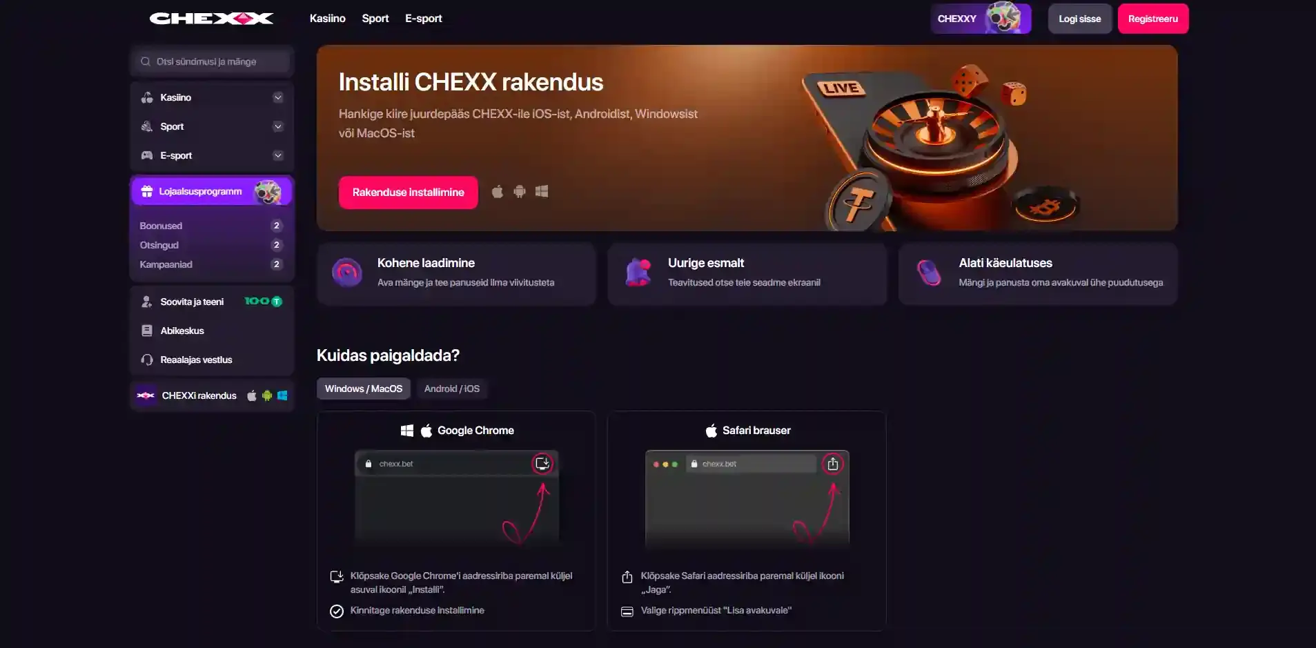 CHEXX PWA paigaldusvalikud neljale toetatud seadmeplatvormile